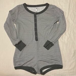 London Brand Striped Henley Style Romper with Dark Grey Trim